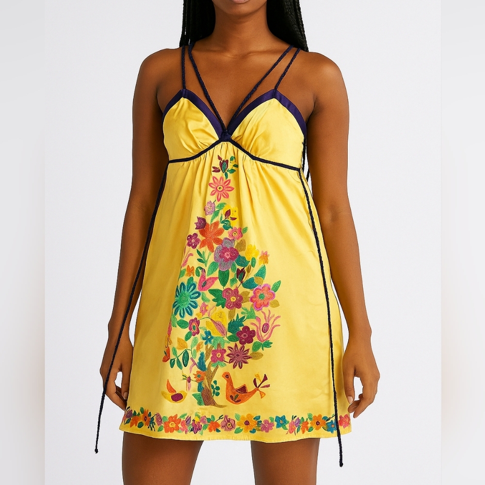 Voom By Joy Han Floral 100% Silk Yellow Dress